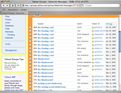 [Schermafbeelding van een Yahoo! Group in een web browser]